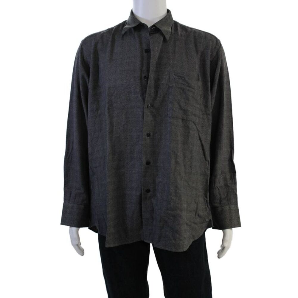 Ike Behar Mens Dark Gray Check Point Collar Button-Up Shirt 100% Cotton Size L